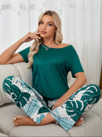 Green Plain Shirt with Leafs Pajama Printed Night Suit