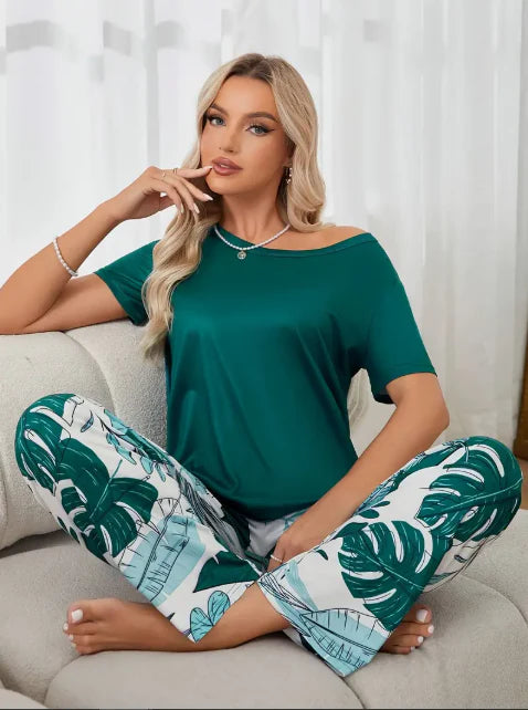 Green Plain Shirt with Leafs Pajama Printed Night Suit