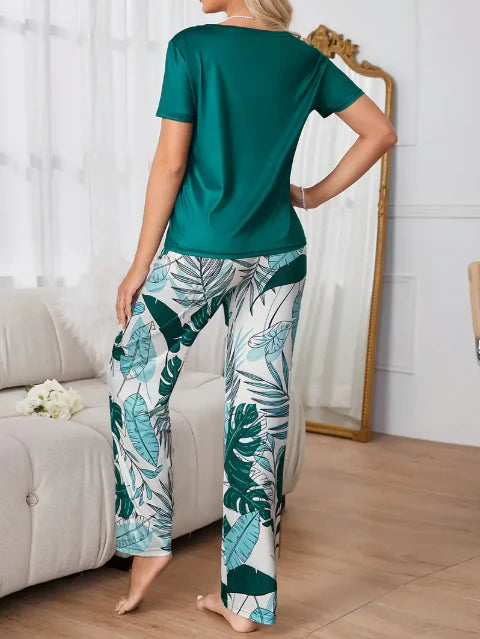 Green Plain Shirt with Leafs Pajama Printed Night Suit