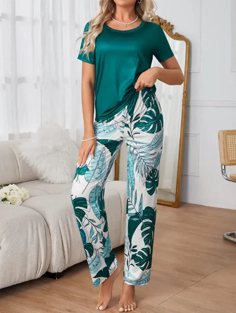Green Plain Shirt with Leafs Pajama Printed Night Suit