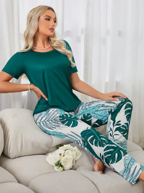 Green Plain Shirt with Leafs Pajama Printed Night Suit