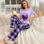 Lilac Love Heart Print Half Sleeves Shirt With Check Printed Trouser (KO-NS-495)