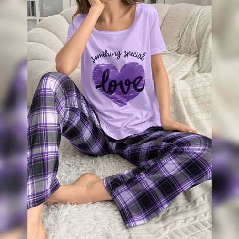 Lilac Love Heart Print Half Sleeves Shirt With Check Printed Trouser (KO-NS-495)