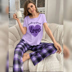 Lilac Love Heart Print Half Sleeves Shirt With Check Printed Trouser (KO-NS-495)