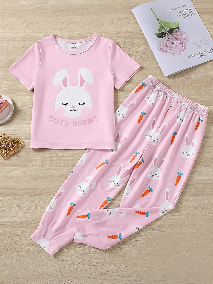 Baby Pink Cute Rabbit Printed Half Sleeves T-shirt with Rabbit Printed Pajama Kids Suits (KO-629)