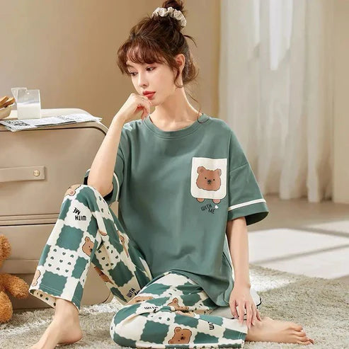 Green Front Bear Printed Half Sleeves T-shirt With Bear Printed Pajama Suit