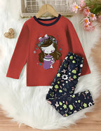 Red Barbie Girl Printed Full Sleeves T-shirt with Flower Printed Pajama Kids Suits (KO-626)