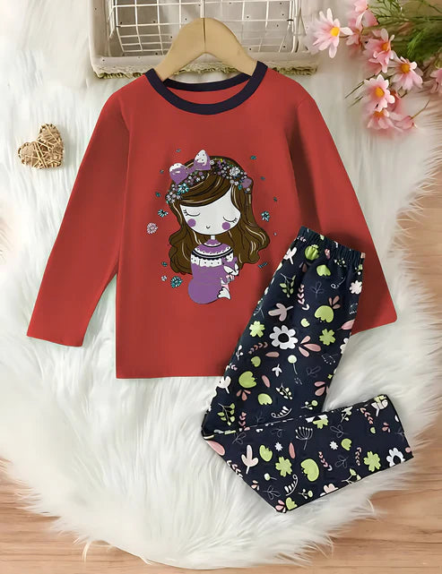 Red Barbie Girl Printed Full Sleeves T-shirt with Flower Printed Pajama Kids Suits (KO-626)