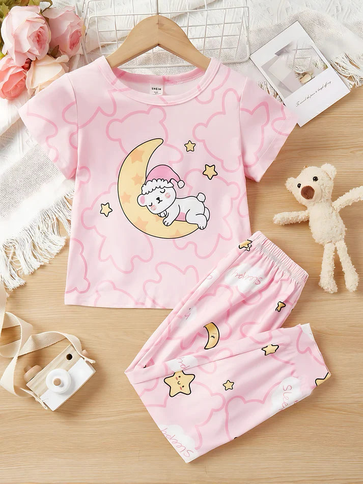 Baby Pink Moon Bear Printed Half Sleeves T-shirt with Moon Star Printed Pajama Kids Suits (KO-628)