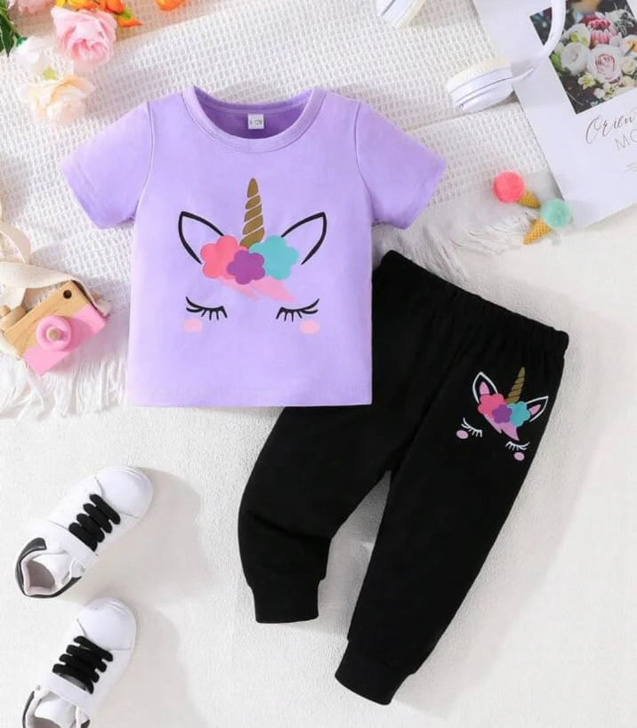 Purple Unicorn Printed Half Sleeves Printed Kids Night Suit (KO-618)