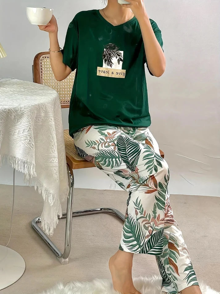 Bottle Green Leaf Print Half Sleeves T-shirt With Printed Pajama Suit