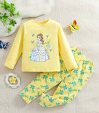 Yellow Barbie Girl Printed Full Sleeves T-shirt with Flower Printed Pajama Kids Suits (KO-619)