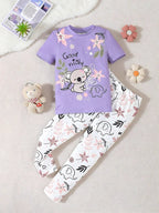 Lilac Good Night Floral Bear Printed Half Sleeves T-shirt with Floral Printed Pajama Kids Suits (KO-625)