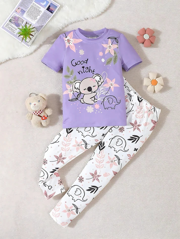 Lilac Good Night Floral Bear Printed Half Sleeves T-shirt with Floral Printed Pajama Kids Suits (KO-625)