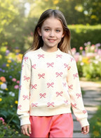 Off White with Pink Bow Printed Kids Track Suit