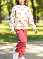 Off White with Pink Bow Printed Kids Track Suit