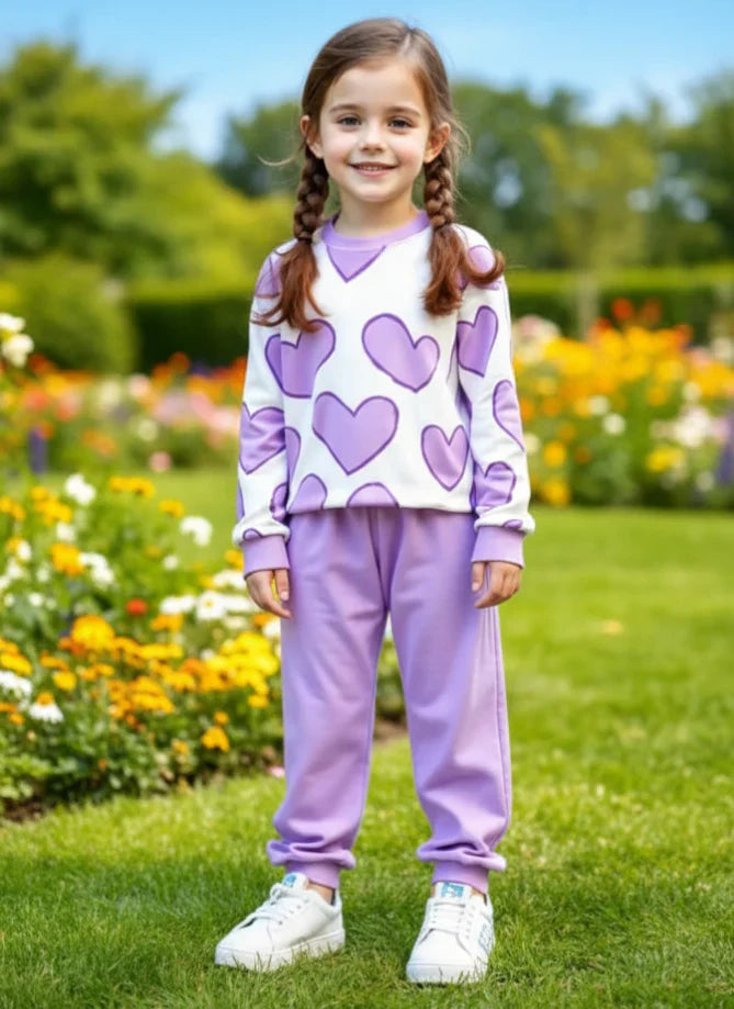 Off White with Lilac Hearts Printed Kids Track Suit