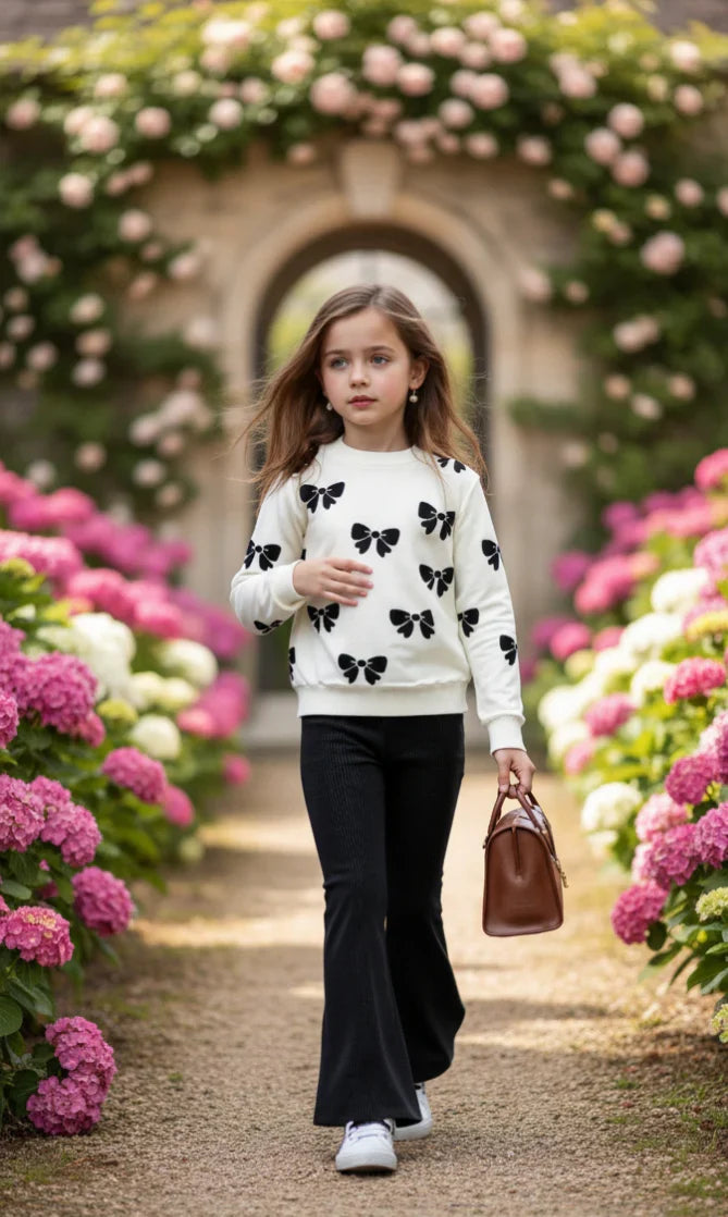White with Black Bow Printed Kids Track Suit
