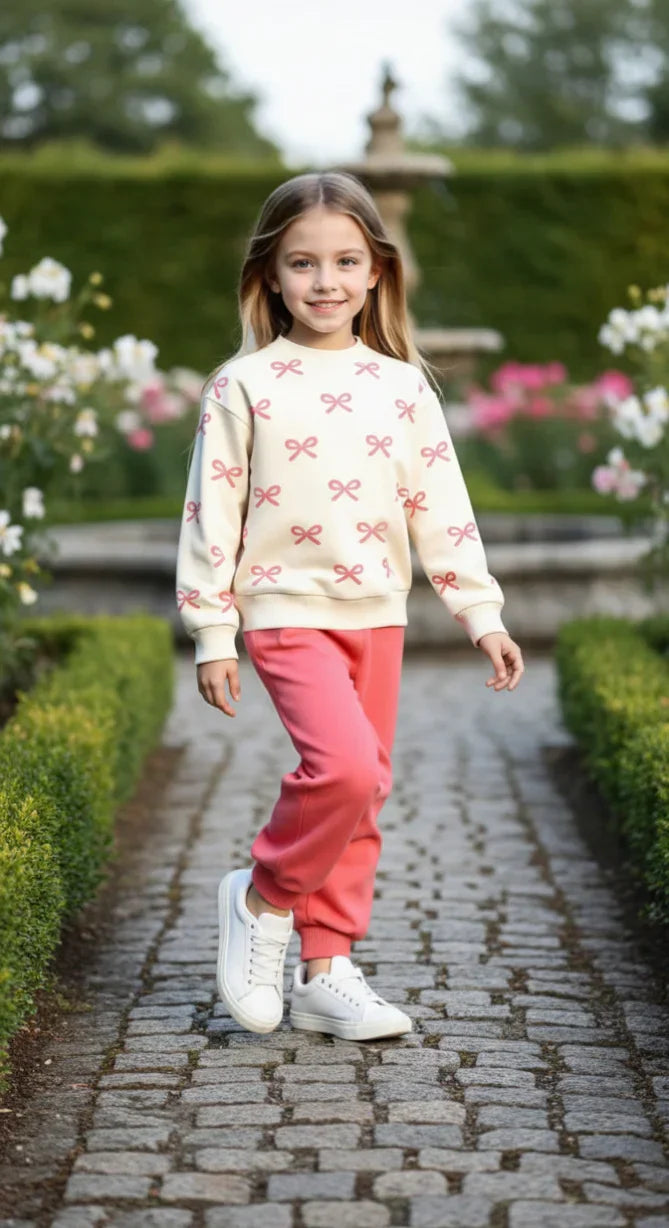 Off White with Pink Bow Printed Kids Track Suit