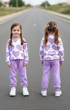 Off White with Lilac Hearts Printed Kids Track Suit