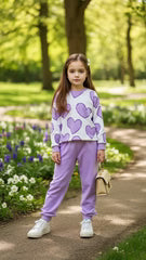 Off White with Lilac Hearts Printed Kids Track Suit