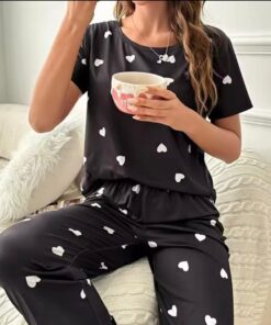 heart print black pj set
