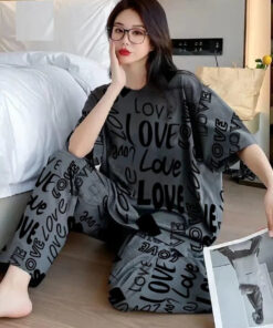 Grey All Over Love Heart Printed Night Suit (KO-NS-507)