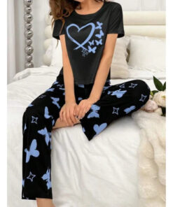 Black With Blue Butterflies Heart Printed T-shirt And Butterflies Printed Trouser Suit (KO-NS-480)