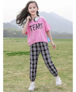 Pink Tears Print Half Sleeves Shirt With Check Printed Trouser Suit for Kids (KO-KNS-469)