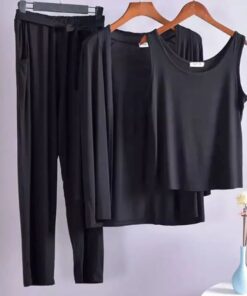 3 Pcs Sleepwear (Sando Shrug Trouser) (Black) (KO-NS-0265)
