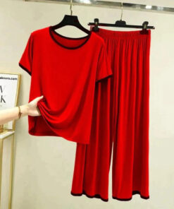 Red Round Neck Piping Half Sleeves Shirt With Lose Style Trouser Home Wear (KO-NS-459)