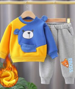 Yellow With Blue Bear Print Sweatshirt With Grey Trouser For Kids (KO-KTS-523)