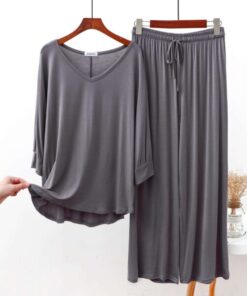 Grey Plain V Neck Shirt With Lose Style Lounge Wear (KO-NS-348)