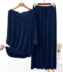 Navy Blue Plain V Neck Shirt With Lose Style Lounge Wear (KO-NS-0339)