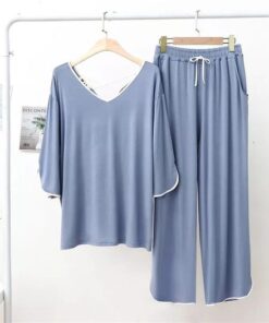 Sky Blue With White Lace V Neck Quarter Sleeves Shirt With Lose Style Trouser (KO-NS-395)