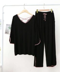 Black With Pink Lace V Neck Quarter Sleeves Shirt With Lose Style Trouser (KO-NS-033)