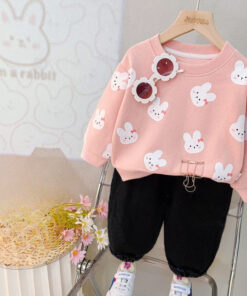 Pink with Small Rabit Sweat Shirt with Black Trouser for Kids