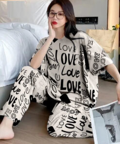 Off White All Over Love Heart Printed Night Suit (KO-NS-505)