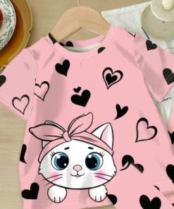 Pink Kitty with black hearts Printed Kids Night Suit (KO-611)