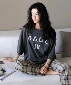 Grey PAUL 18 Half Sleeves With Check Printed Trouser Night Suit (KO-NS-443)