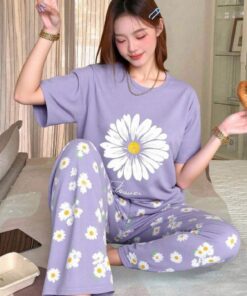 Lilac Sun Flowers Printed Half Sleeves Night Suit