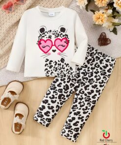 White Cute cartoon Printed with Cheetah Printed Trouser Kids Night Suit (KO-631)