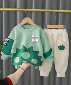 Green Crocodile Print Sweatshirt With Off White Trouser For Kids (KO-KTS-527)