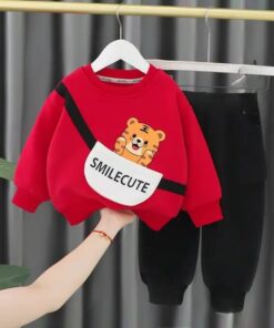 Red with Small tiger Sweat Shirt with Black Trouser for Kids