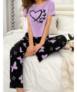 Lilac With Black Butterflies Heart Printed T-shirt And Butterflies Printed Trouser Suit (KO-NS-481)