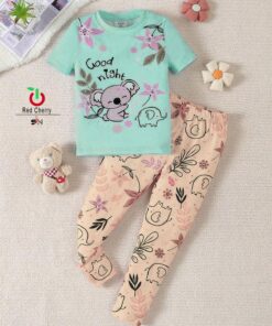 Green Good Night Floral Bear Printed Half Sleeves Tshirt with Floral Printed Trouser The Ultimate Kids Sleep Suit (KO-630)