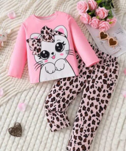 Pink Cute Kitty with cheetha pajama Printed Kids Night Suit (KO-612)
