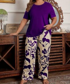 Purple Plain Half Sleeves Shirt with floral Printed pajama