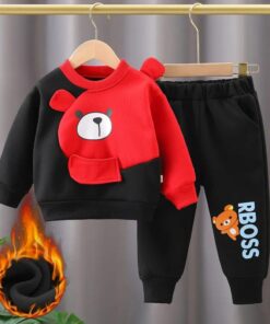 Black With Red Bear Print Sweatshirt With Black Trouser For Kids (KO-KTS-522)