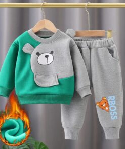 Green With Grey Bear Print Sweatshirt With Grey Trouser For Kids (KO-KTS-524)